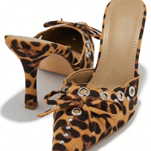 Women's Leopard Trendy High Heeled Kitten Heels Mules - Picture 2 of 6